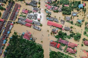 floodwaters cover the streets of a small town