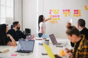 a woman leads a meeting