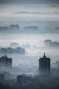 A smoggy cityscape