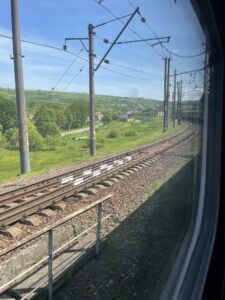 A view out a train window.